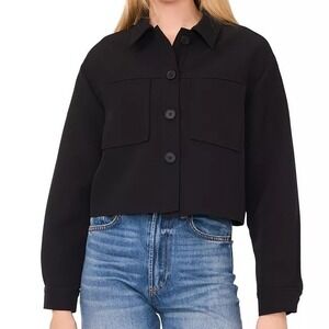 Sam & Jess V Neck Cropped Jacket Button Up Long Sleeve Rich Black Womens Size S